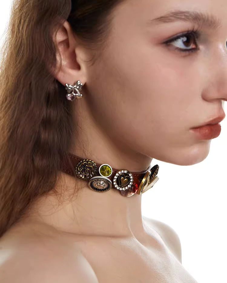 [OCTO VITA] Leather Rose Orange Button Choker pg1069