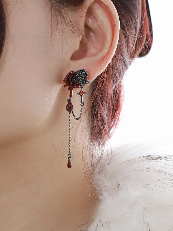Thorn Red Rose Tassel Earrings
