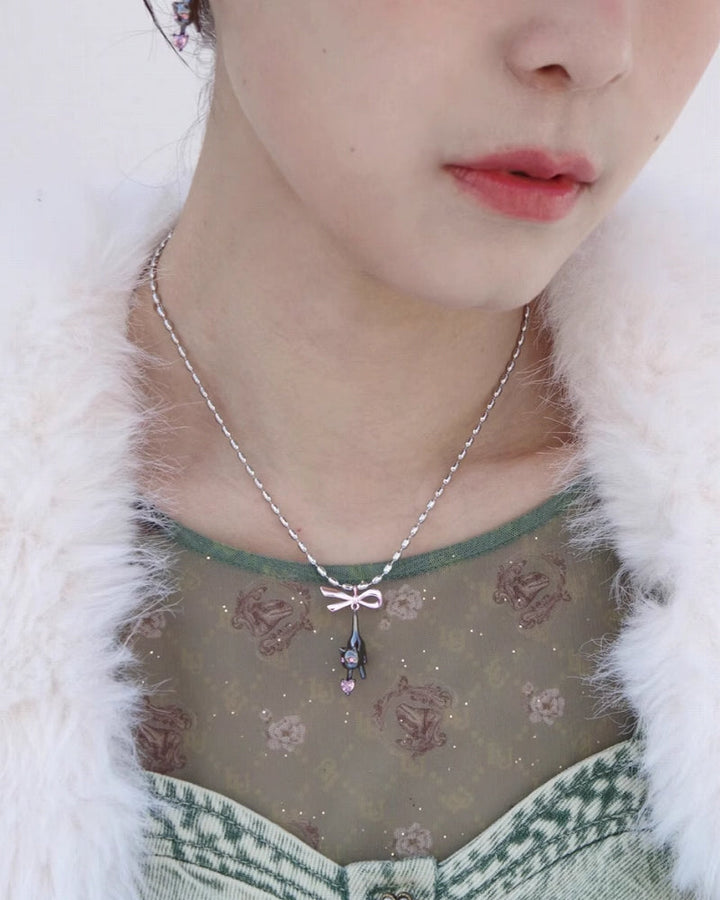 【Esak∞chi】Black Cat Pink Bow Necklace pg165