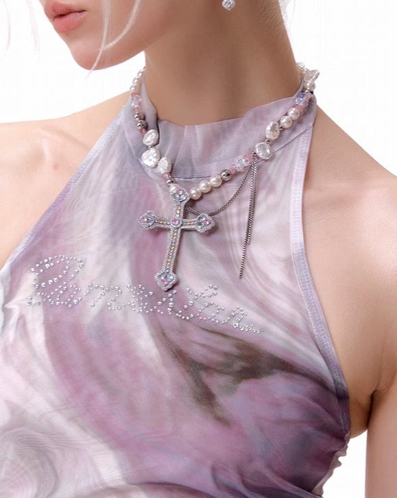 【SUMIYAKI】Full Diamond Cross Pearl Necklace pg856