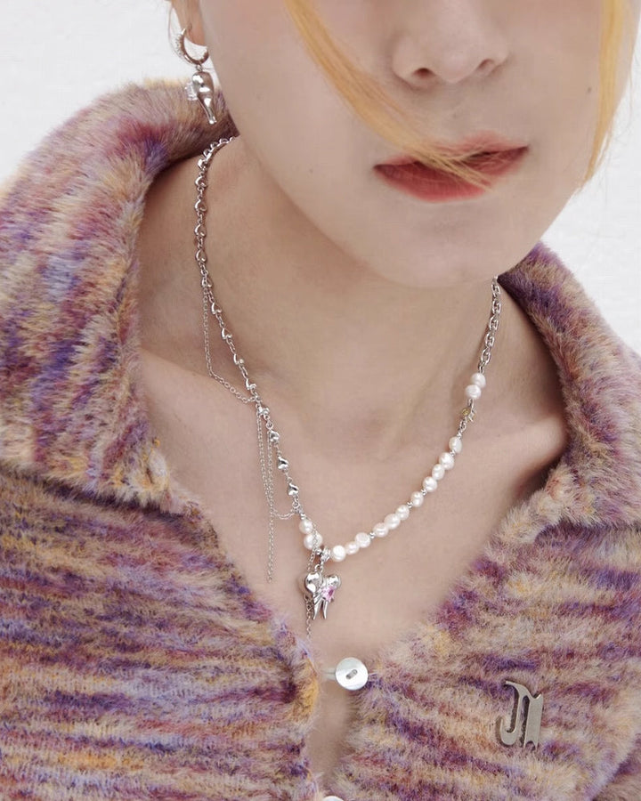 【Esak∞chi】Cool Teeth Tassel Heart Necklace pg452