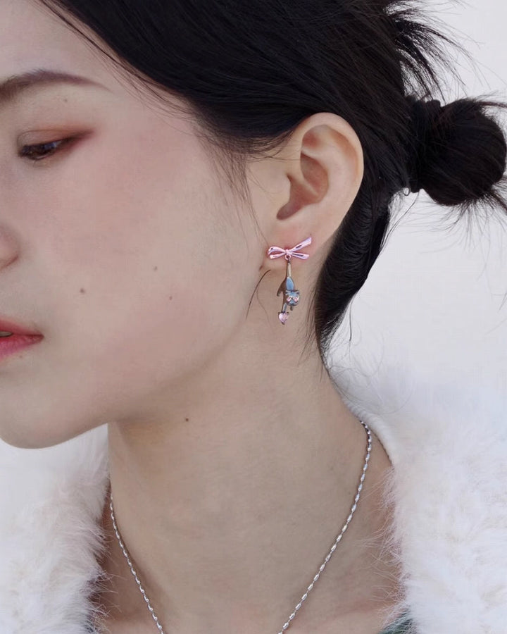 【Esak∞chi】Black Cat Pink Bow Earrings pg164