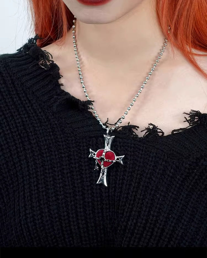 【OCTO VITA】Evil Girl Crazy Flower Cross Heart Necklace pg697