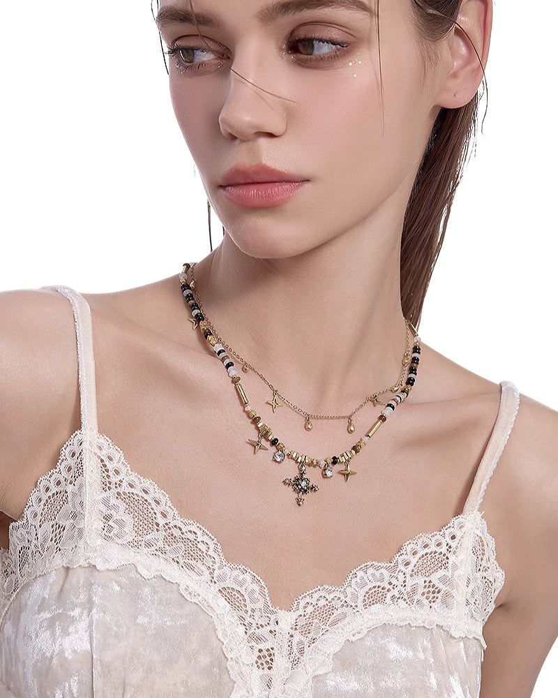 [MASW] Nostalgia Beaded Cross Layer Necklace pg1278