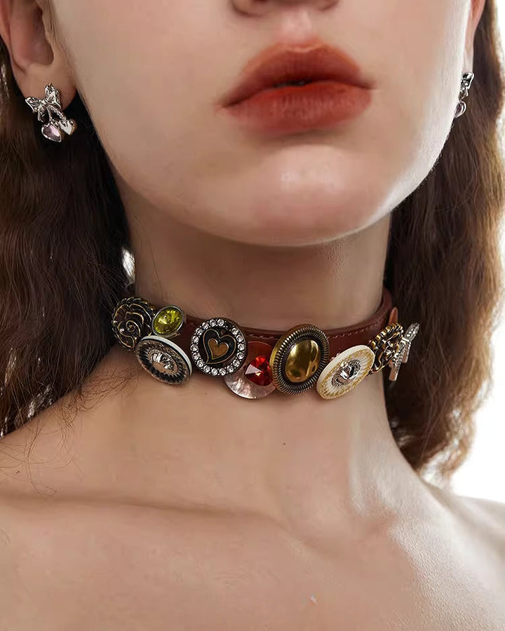 【OCTO VITA】Leather Rose Orange Button Choker pg1069