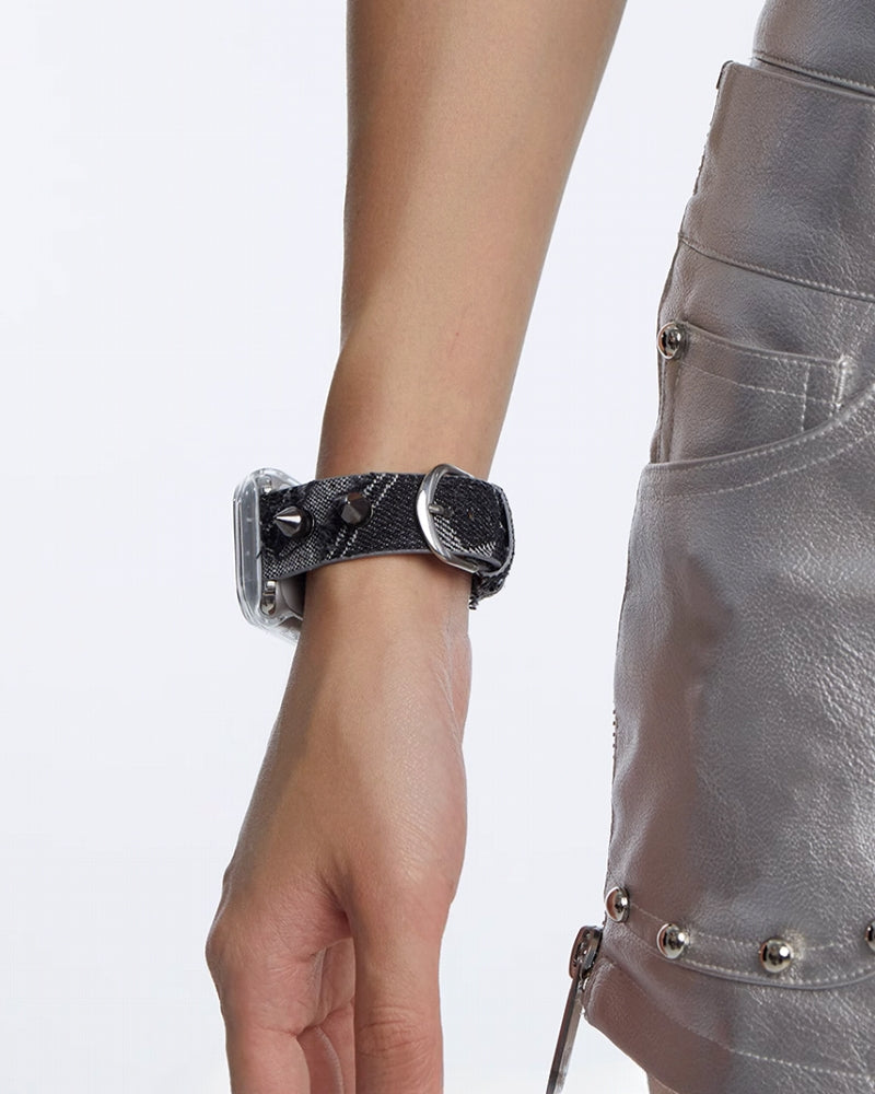 [OCTO VITA] Black Leather Leopard Apple Watch Strap pg194