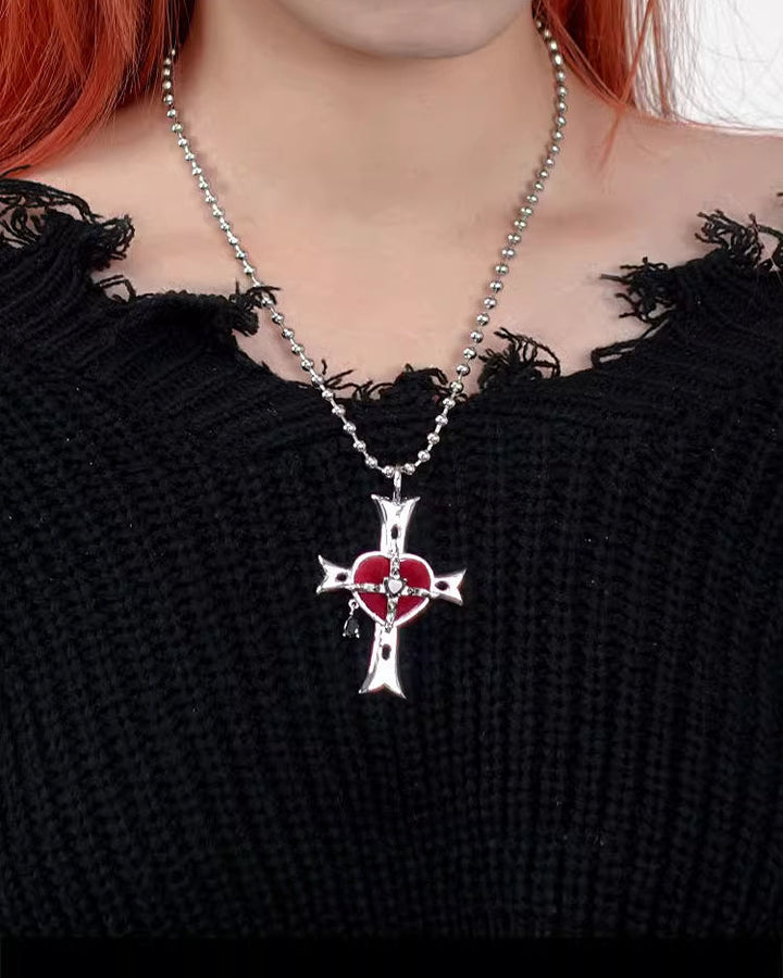 【OCTO VITA】Evil Girl Crazy Flower Cross Heart Necklace pg697