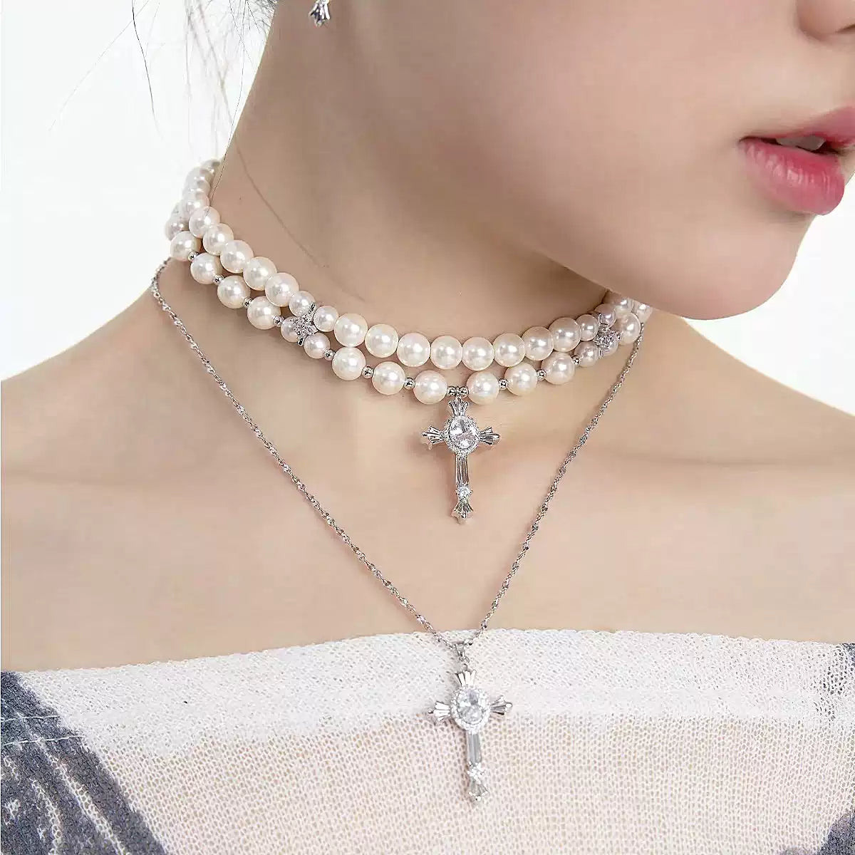 Edgy Layered Pearl Cross Necklace