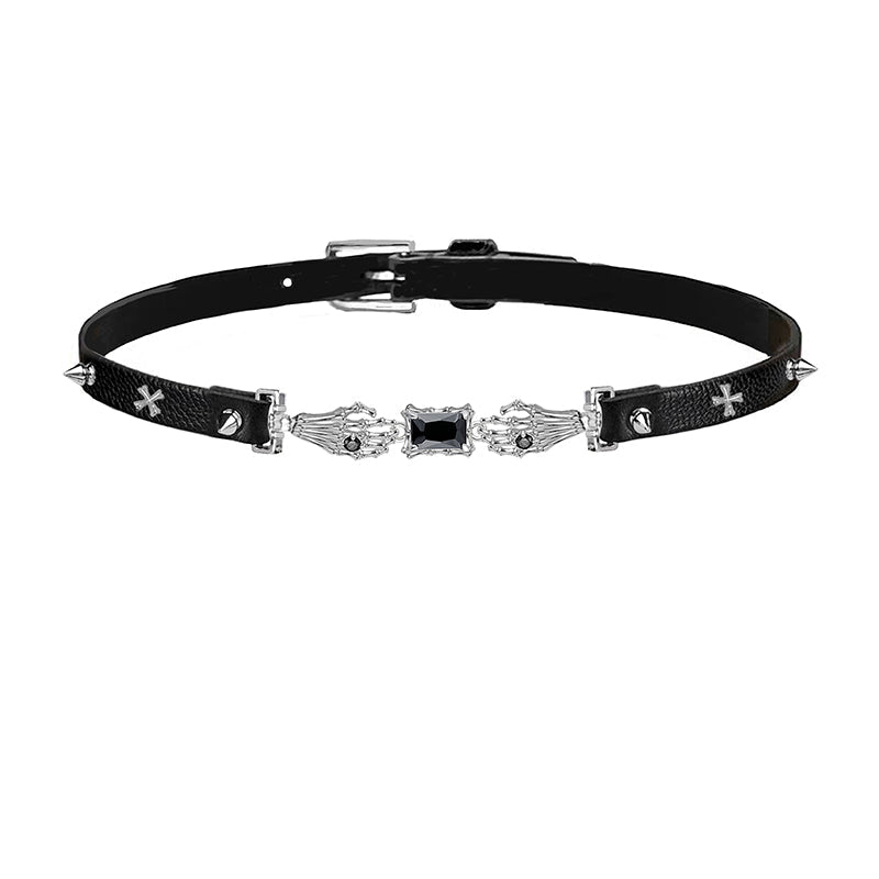 [MASW] Skeleton Hand Holding Leather Choker pg1618