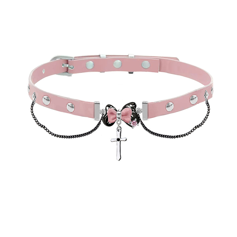 [MASW] Black & Pink Bow Cross Choker pg209