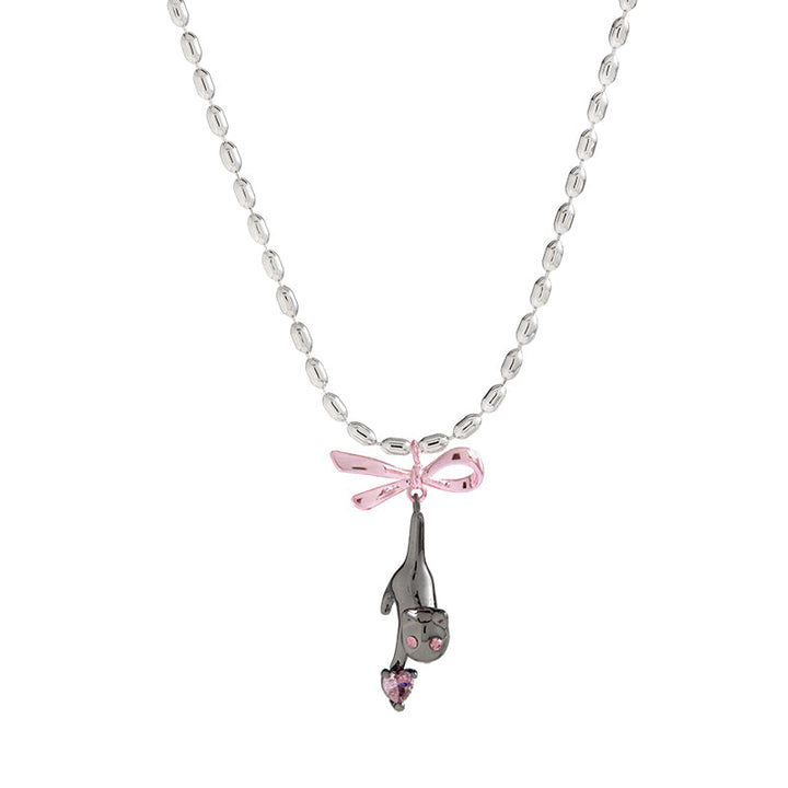 【Esak∞chi】Black Cat Pink Bow Necklace pg165