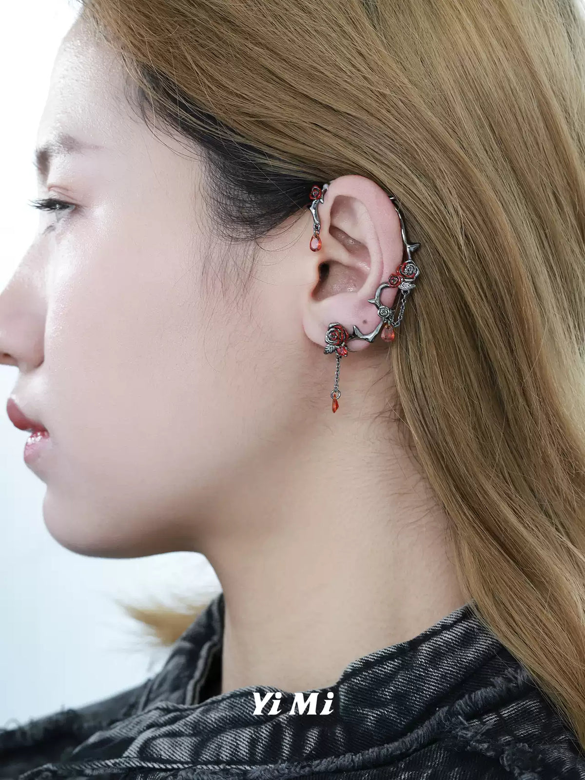 Edgy Thorn Rose Clip Earrings