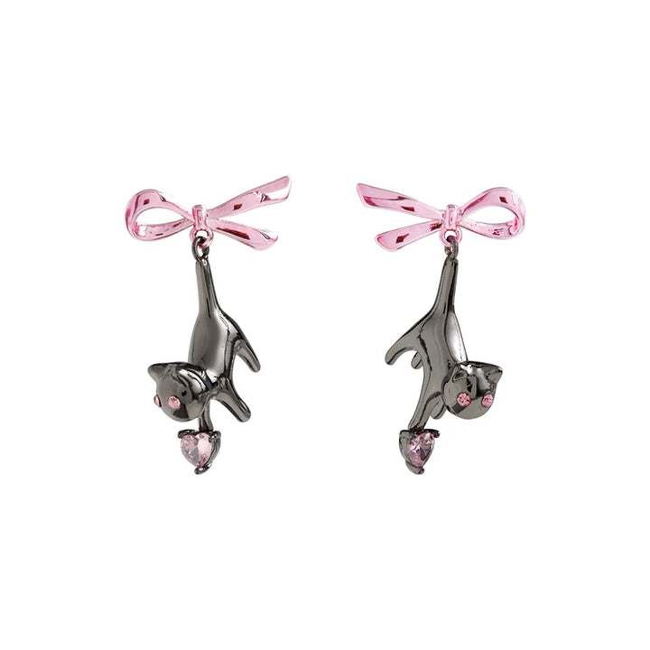 【Esak∞chi】Black Cat Pink Bow Earrings pg164