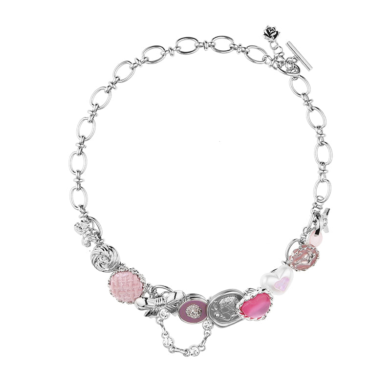 【Cigaberry】Pink Hearted Acrylic Button Necklace pg1364