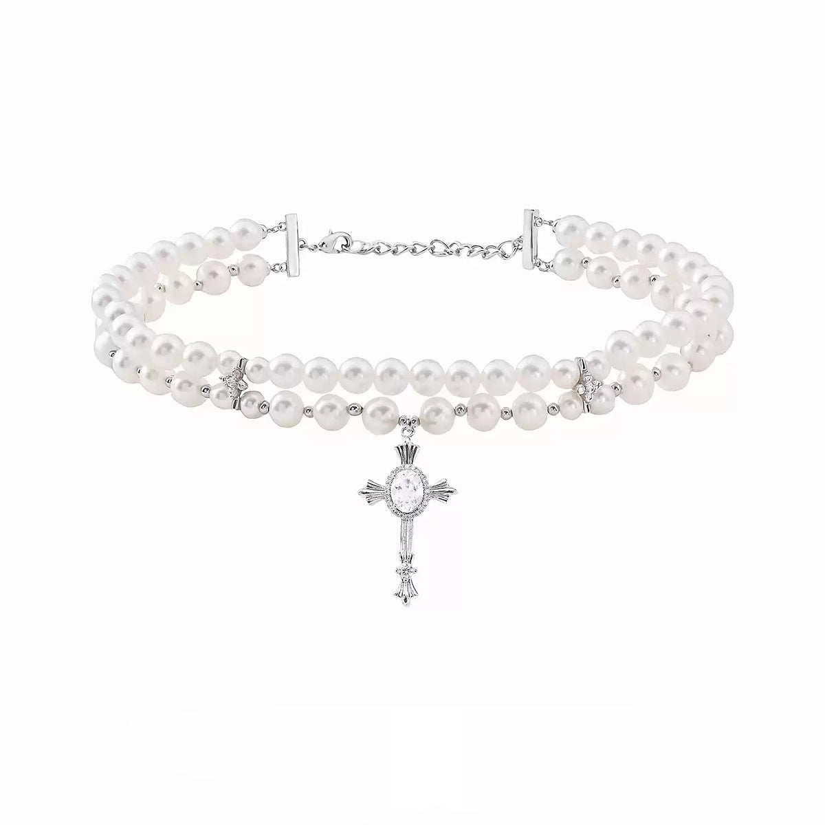 Edgy Layered Pearl Cross Necklace