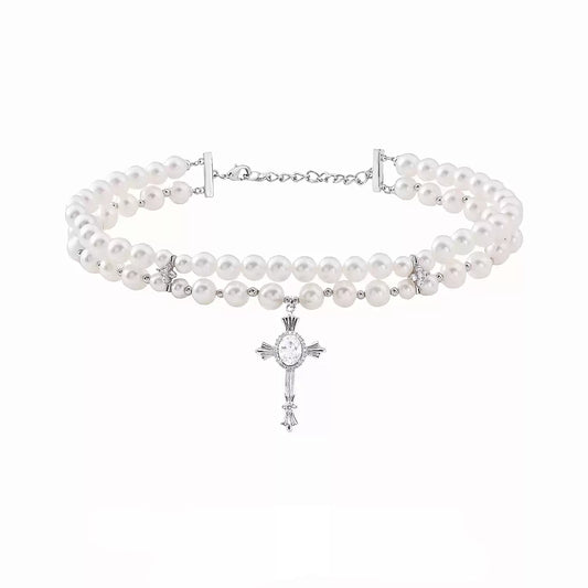 Edgy Layered Pearl Cross Necklace