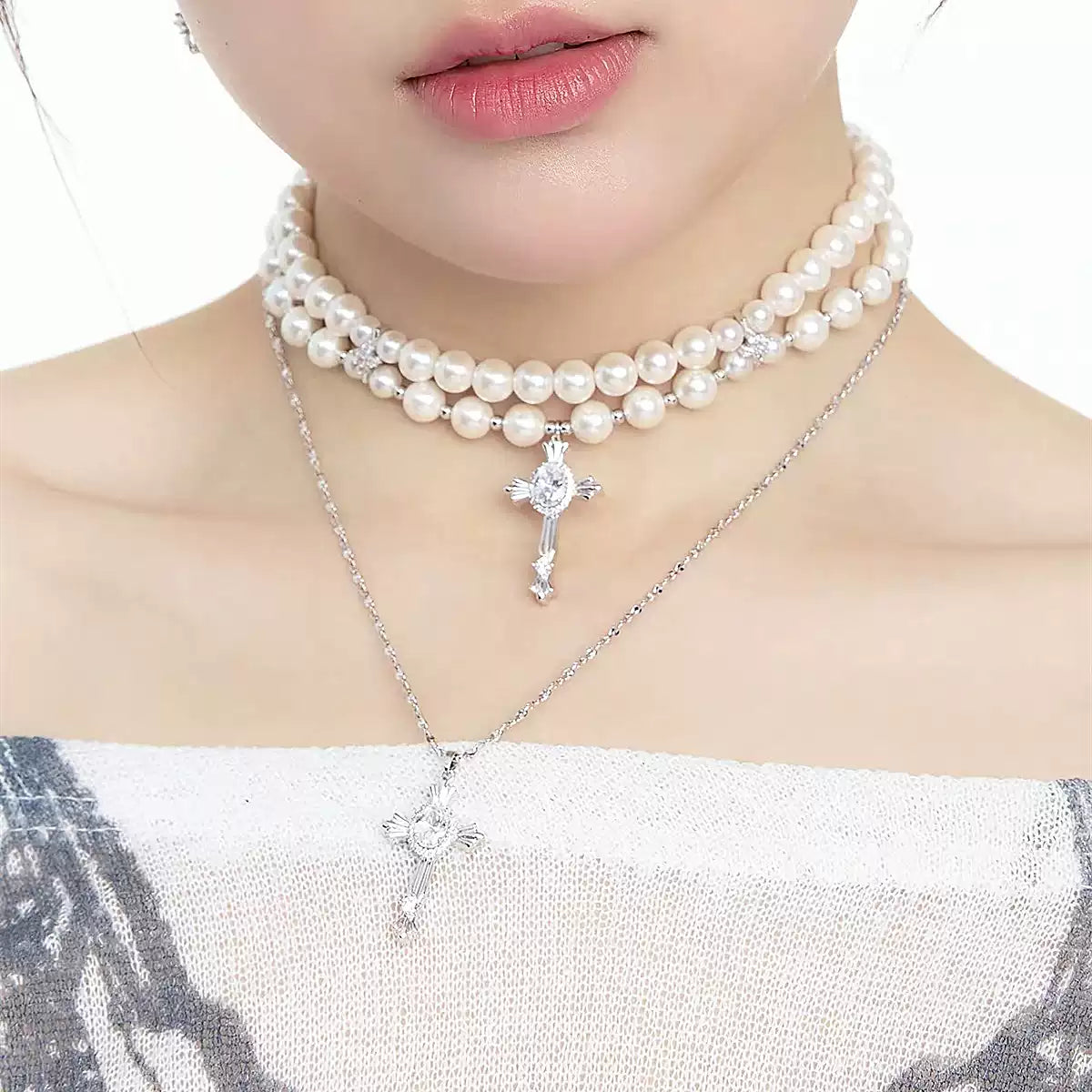Edgy Layered Pearl Cross Necklace