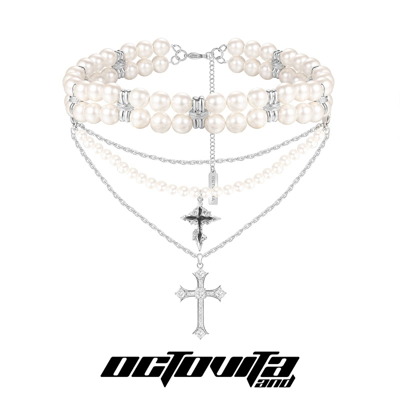 Triple Layer Pearl Cross Necklace