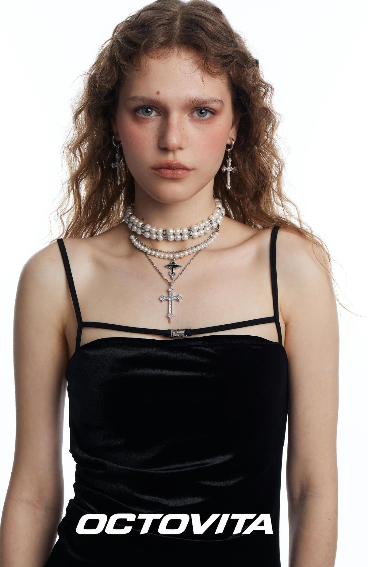Triple Layer Pearl Cross Necklace