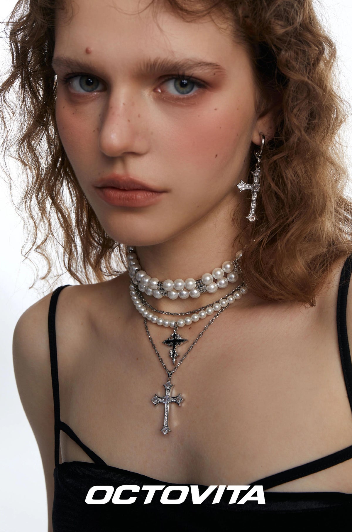 Triple Layer Pearl Cross Necklace