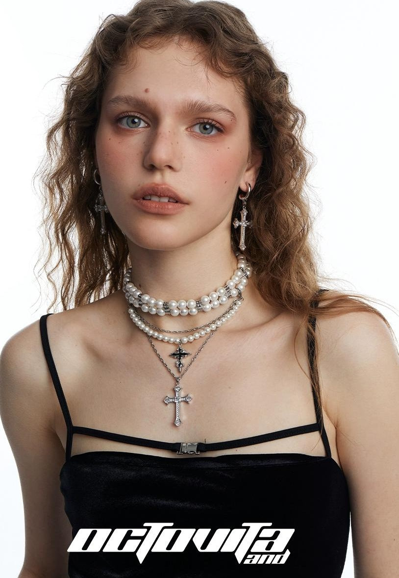 Triple Layer Pearl Cross Necklace