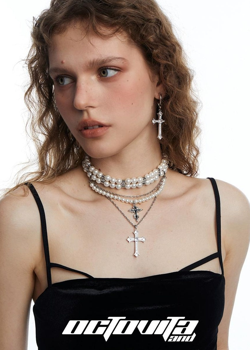 Triple Layer Pearl Cross Necklace