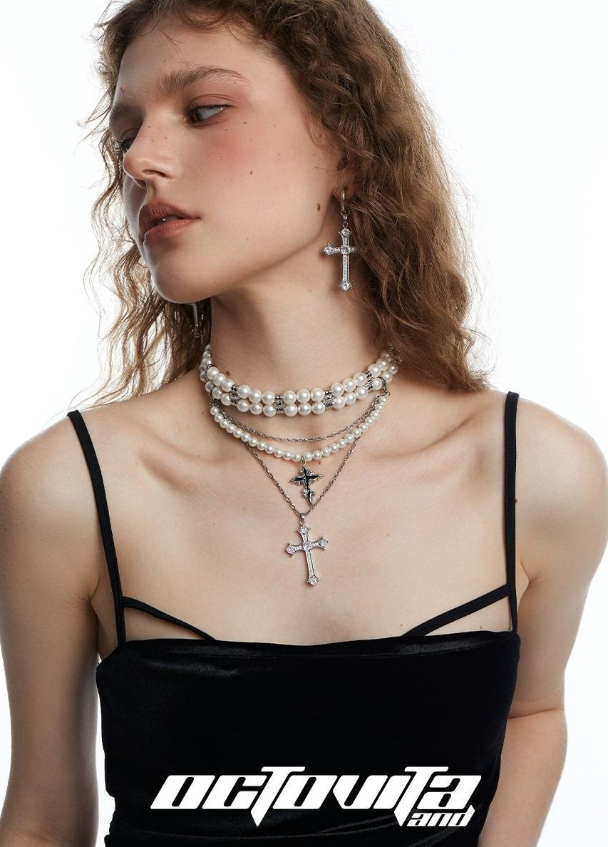 Triple Layer Pearl Cross Necklace