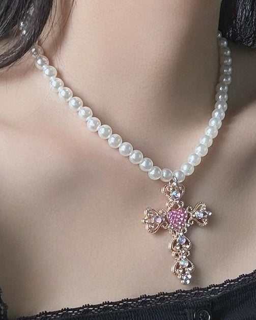 Vintage Pearl Cross Necklace