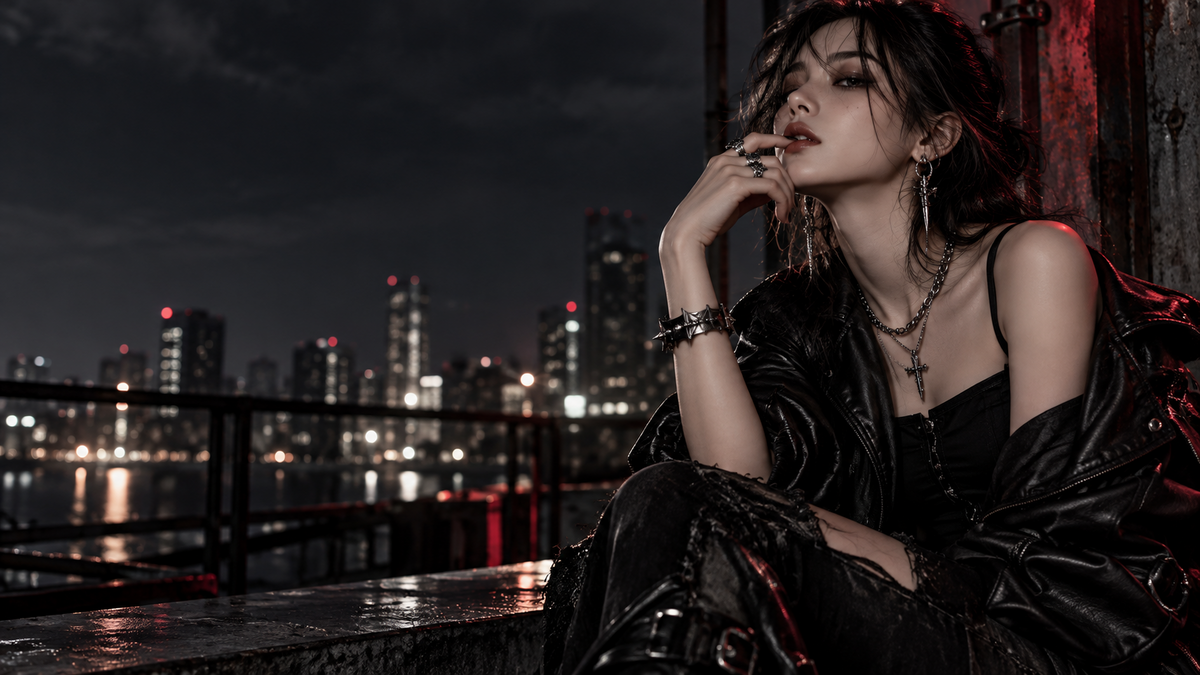 夜景を背景にシルバーアクセサリーを身につけたモデル。PUNKGRAMのメインビジュアル。